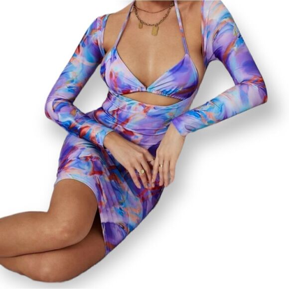 SHEIN PURPLE & BLUE TIE-DYE BODYCON BACKLESS DRESS SZ.M EUC - Picture 4 of 11